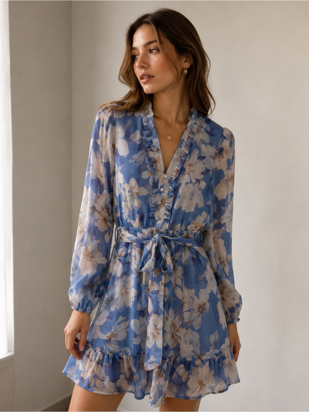 Joie Blue Floral Ruffle Mini Dress S/P Petite Long Sleeve Tie Waist
